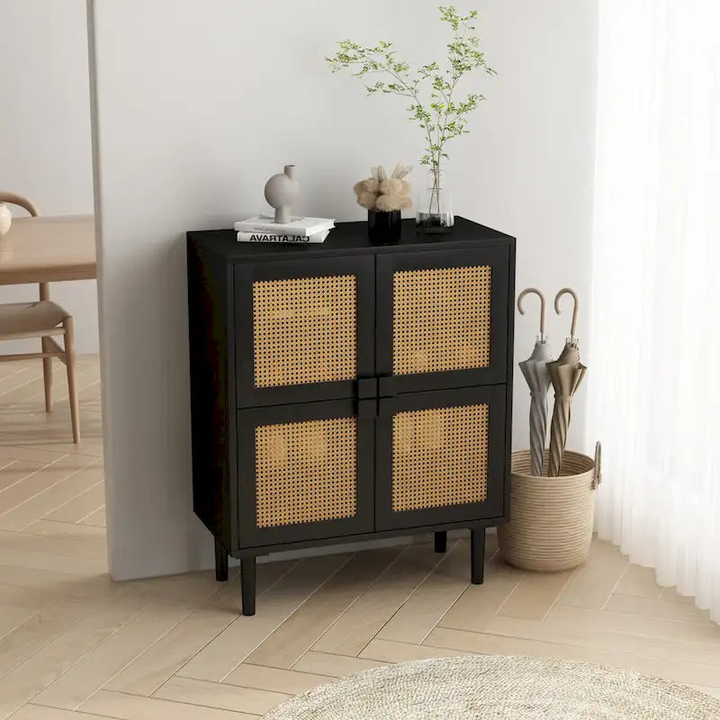 Meuble de rangement pour chaussures 4 portes en rotin tressé pour entrée/salon