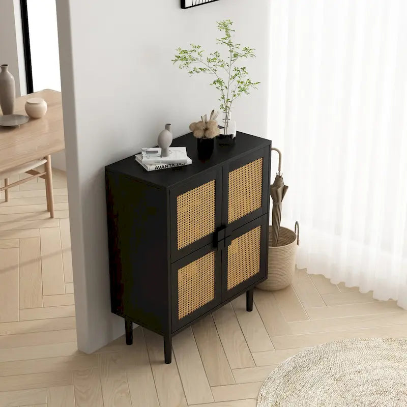 Meuble de rangement pour chaussures 4 portes en rotin tressé pour entrée/salon