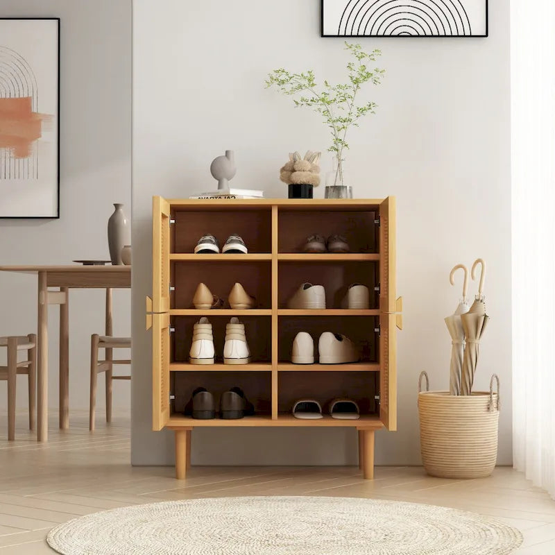 Meuble de rangement pour chaussures 4 portes en rotin tressé pour entrée/salon