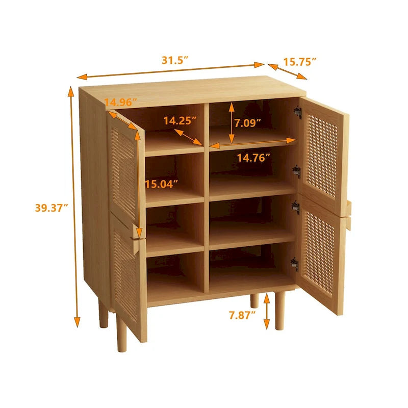 Meuble de rangement pour chaussures 4 portes en rotin tressé pour entrée/salon