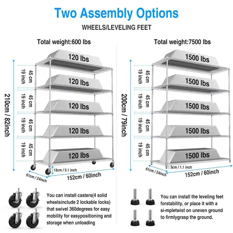 Étagère de rangement robuste réglable à 5 niveaux en métal de 3 400 kg