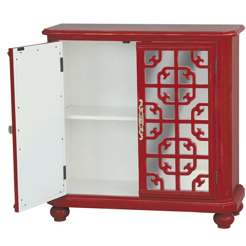 Commode d'appoint peinte à la main, finition rouge vieilli et miroir - 13 x 34 x 34