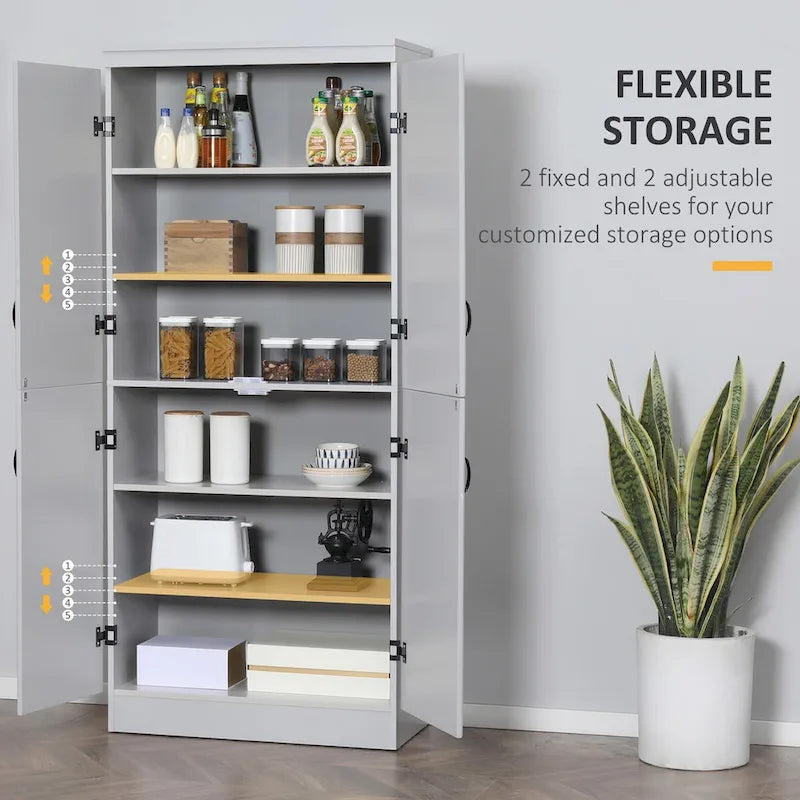 70 Garde-manger de cuisine, Armoire de rangement haute sur pied, Étagères à 6 niveaux avec 2 étagères réglables et 4 portes Gris