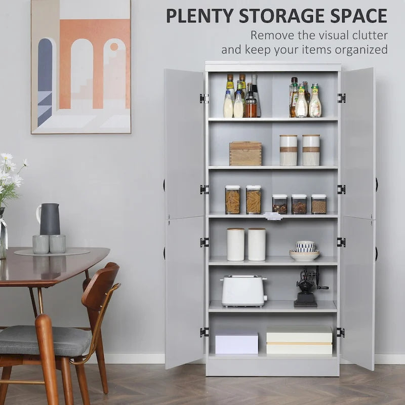70 Garde-manger de cuisine, Armoire de rangement haute sur pied, Étagères à 6 niveaux avec 2 étagères réglables et 4 portes Gris