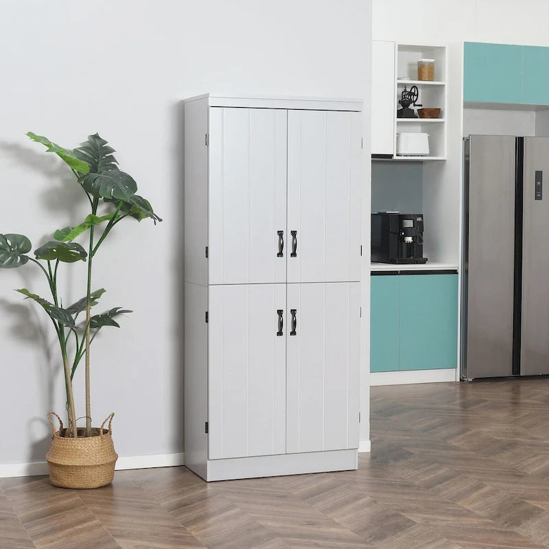 70 Garde-manger de cuisine, Armoire de rangement haute sur pied, Étagères à 6 niveaux avec 2 étagères réglables et 4 portes Gris