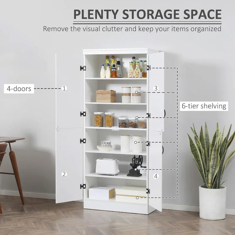 70 Garde-manger de cuisine, Armoire de rangement haute sur pied, Étagères à 6 niveaux avec 2 étagères réglables et 4 portes Gris