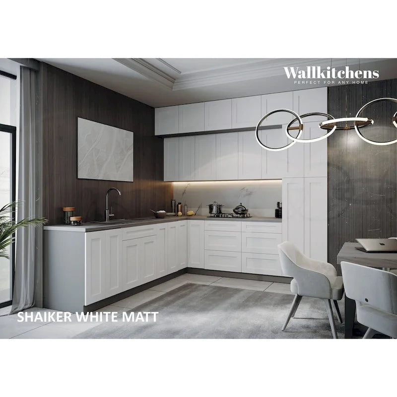 Collection « Havre culinaire de cuisine » – Base de couleur blanc mat, 9 pieds de large – 108x24