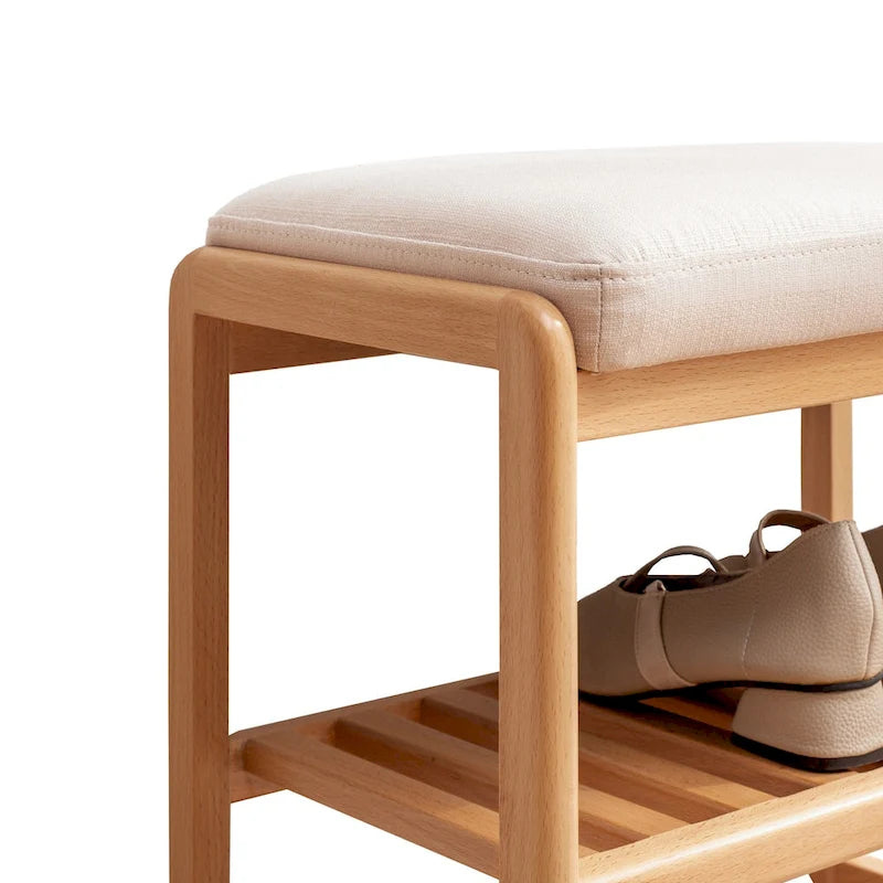 Banc à chaussures en bois massif naturel, Organisateur de rangement en hêtre avec coussin éponge à haute résilience