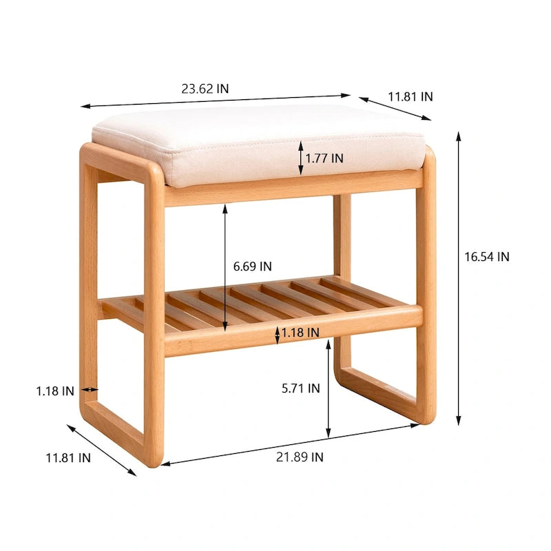 Banc à chaussures en bois massif naturel, Organisateur de rangement en hêtre avec coussin éponge à haute résilience