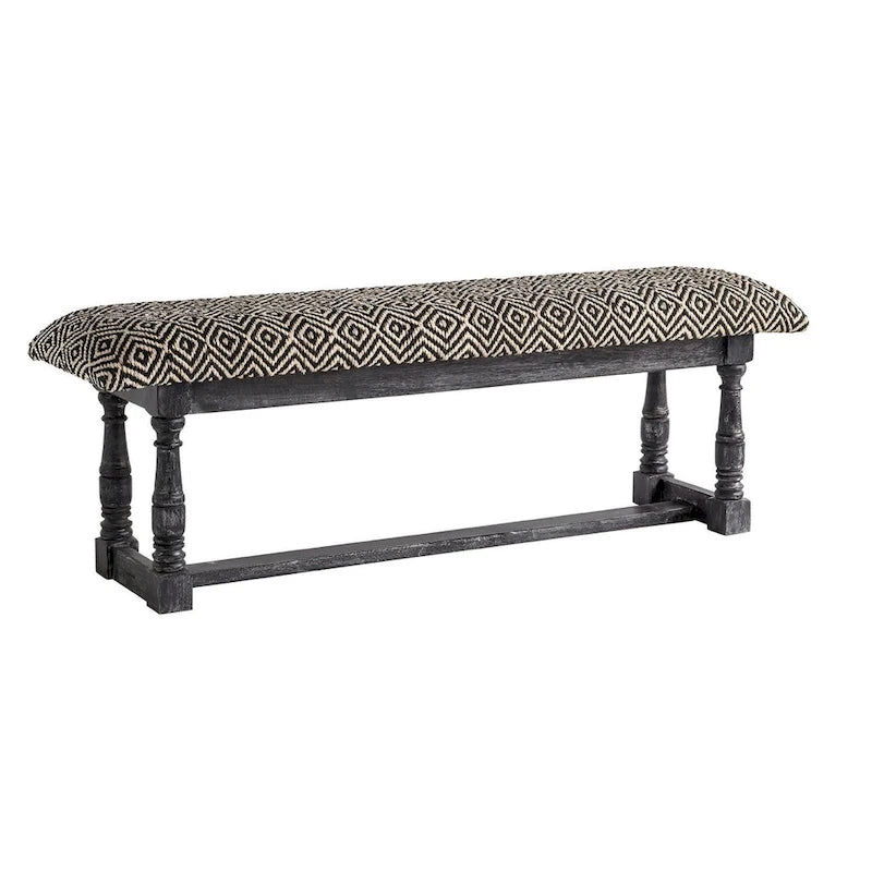 HomeRoots Banc en coton mélangé capitonné motif treillis, noir, blanc et gris, 56 po - 56