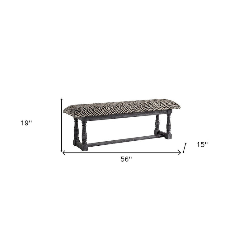 HomeRoots Banc en coton mélangé capitonné motif treillis, noir, blanc et gris, 56 po - 56