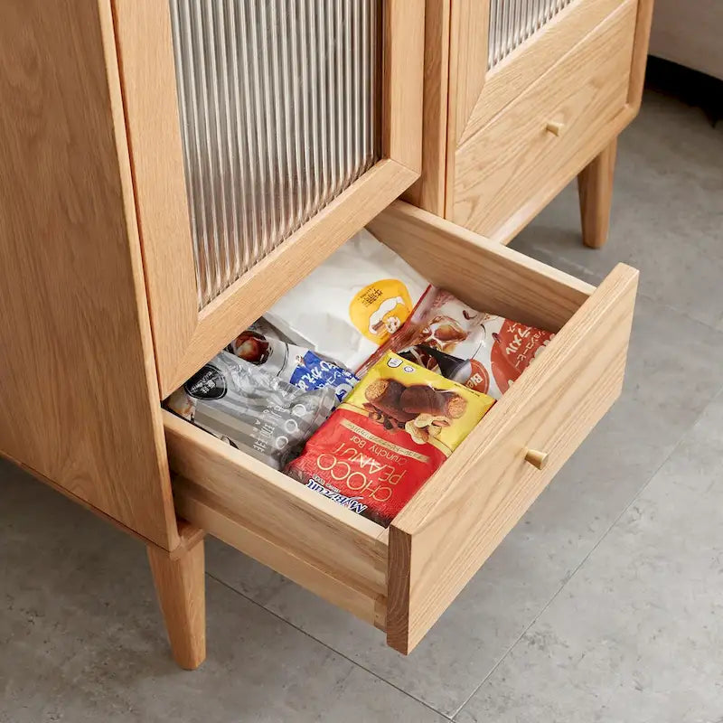 Meuble de rangement en chêne massif pour salon, meuble d'angle avec porte vitrée vintage, 2 étagères, 1 tiroir