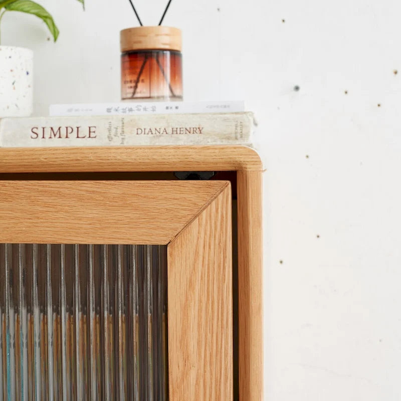 Meuble de rangement en chêne massif pour salon, meuble d'angle avec porte vitrée vintage, 2 étagères, 1 tiroir