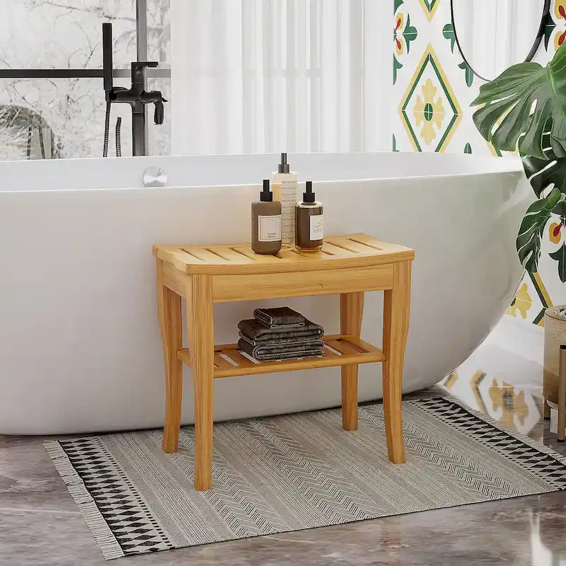 Banc de douche en bambou avec étagère de rangement