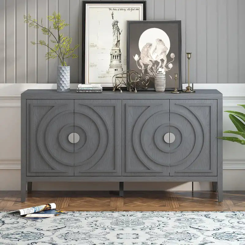 Porte de buffet rétro avec rainures circulaires et poignée de porte ronde en métal pour entrée, salle à manger, salon (gris)