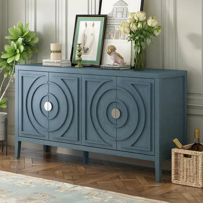 Porte de buffet rétro avec rainures circulaires et poignée de porte ronde en métal pour entrée, salle à manger, salon (gris)