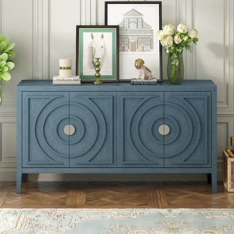 Porte de buffet rétro avec rainures circulaires et poignée de porte ronde en métal pour entrée, salle à manger, salon (gris)