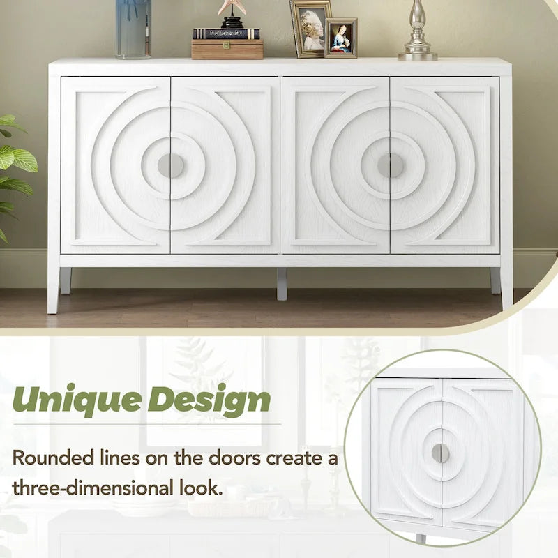 Porte de buffet rétro avec rainures circulaires et poignée de porte ronde en métal pour entrée, salle à manger, salon (gris)