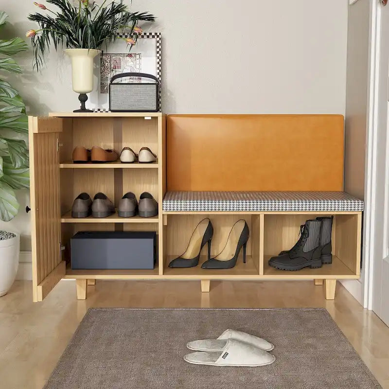 Ensemble de Rangement Fonctionnel pour Couloir avec Banc Coussin Motif Pied-de-Poule