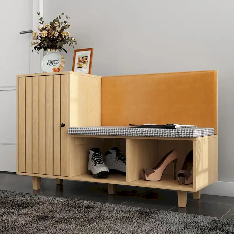 Ensemble de Rangement Fonctionnel pour Couloir avec Banc Coussin Motif Pied-de-Poule