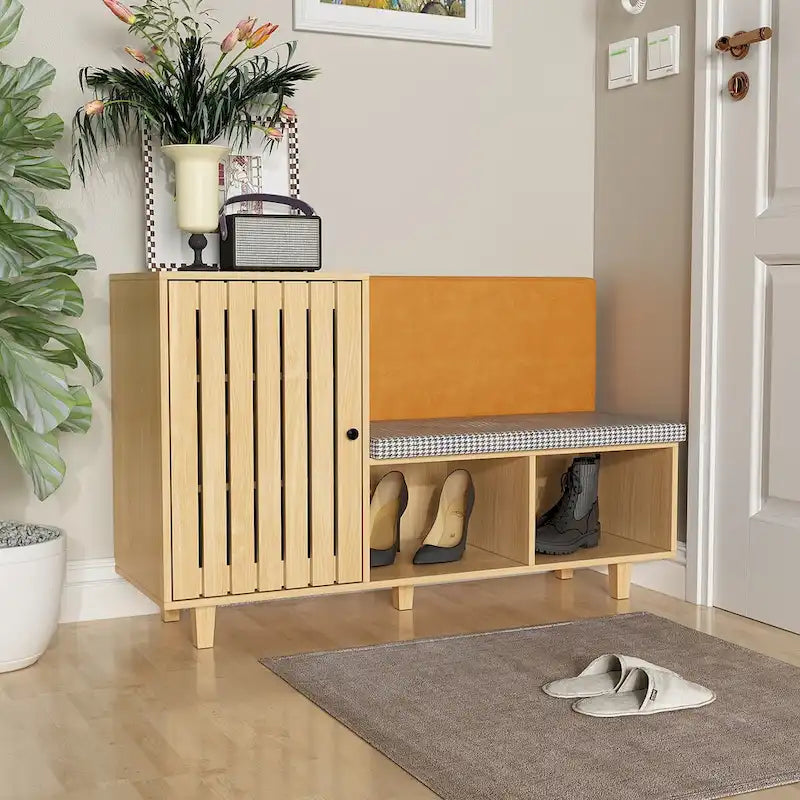 Ensemble de Rangement Fonctionnel pour Couloir avec Banc Coussin Motif Pied-de-Poule
