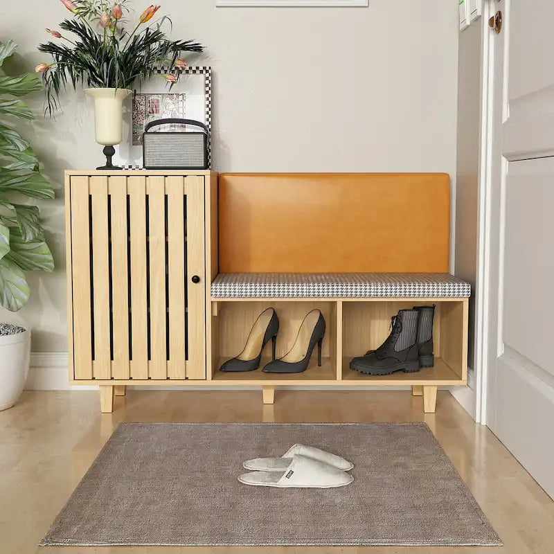 Ensemble de Rangement Fonctionnel pour Couloir avec Banc Coussin Motif Pied-de-Poule