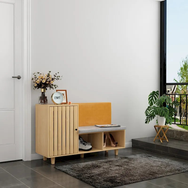 Ensemble de Rangement Fonctionnel pour Couloir avec Banc Coussin Motif Pied-de-Poule