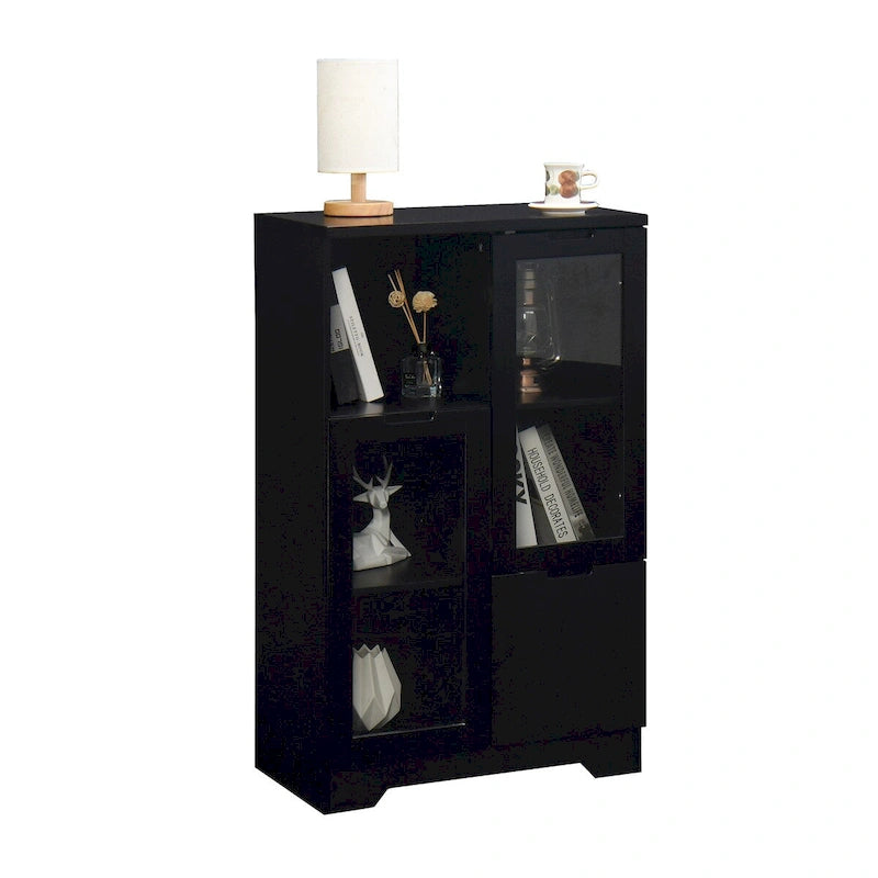 Meuble bas en bois avec 2 portes vitrées et 2 compartiments de rangement, pour salon, salle de bain ou entrée