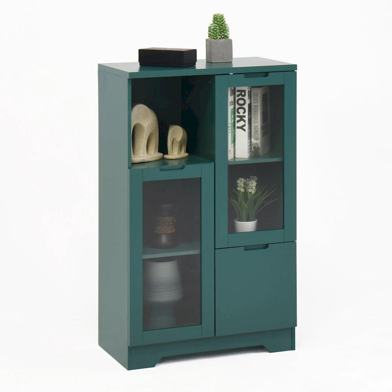 Meuble bas en bois avec 2 portes vitrées et 2 compartiments de rangement, pour salon, salle de bain ou entrée