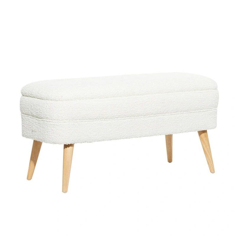 Banc de rangement ovale rembourré en polyester bouclé avec pieds coniques en bois - Blanc ou gris - Roche River Decor