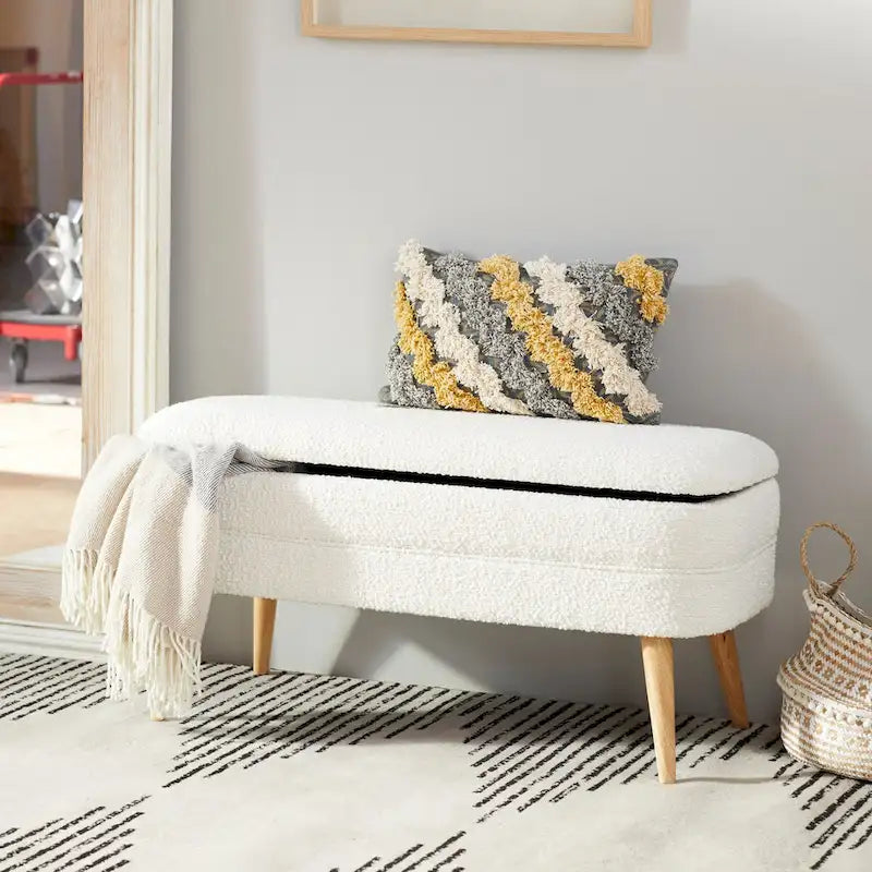 Banc de rangement ovale rembourré en polyester bouclé avec pieds coniques en bois - Blanc ou gris - Roche River Decor