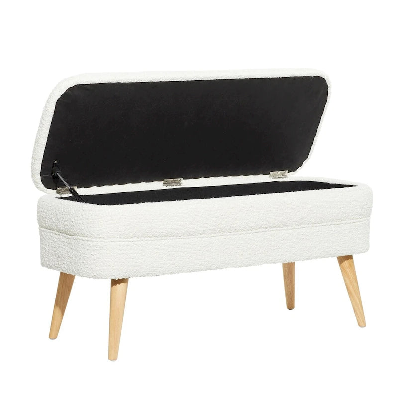 Banc de rangement ovale rembourré en polyester bouclé avec pieds coniques en bois - Blanc ou gris - Roche River Decor