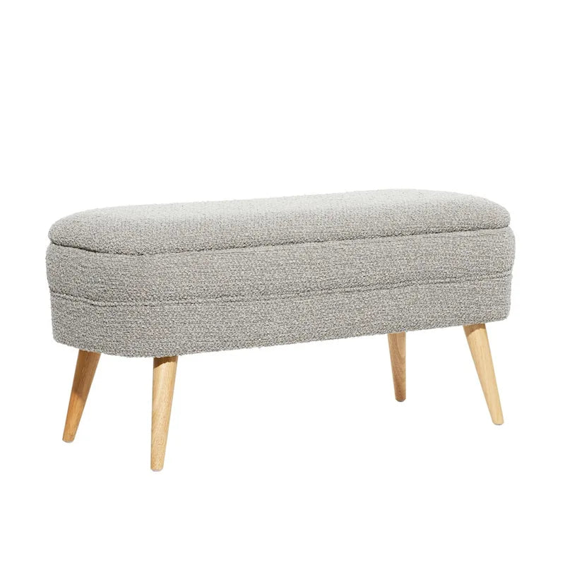 Banc de rangement ovale rembourré en polyester bouclé avec pieds coniques en bois - Blanc ou gris - Roche River Decor