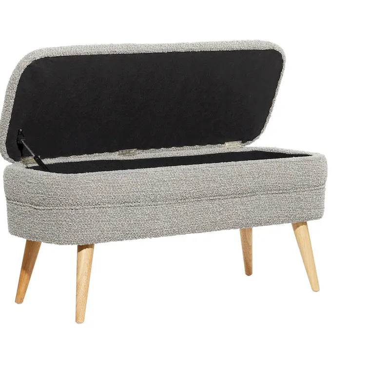 Banc de rangement ovale rembourré en polyester bouclé avec pieds coniques en bois - Blanc ou gris - Roche River Decor