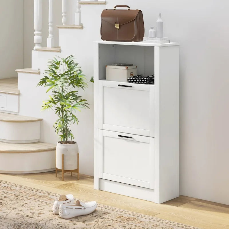 Meuble à chaussures avec compartiment ouvert et 2 tiroirs basculants