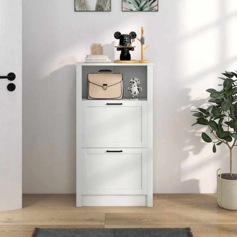 Meuble à chaussures avec compartiment ouvert et 2 tiroirs basculants