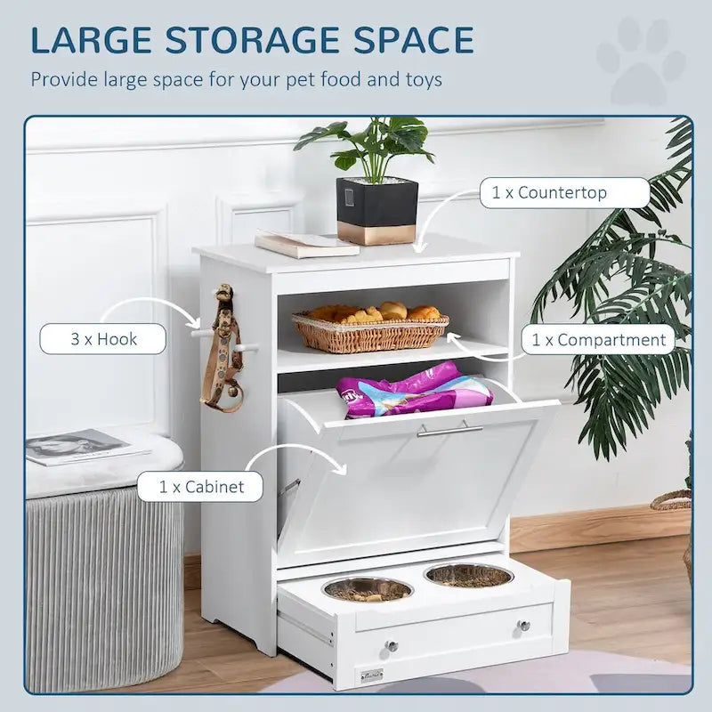 Meuble de rangement pour gamelles d'animaux, conteneur de nourriture pour chiens avec gamelles surélevées et support pour fournitures d'alimentation et d'abreuvement