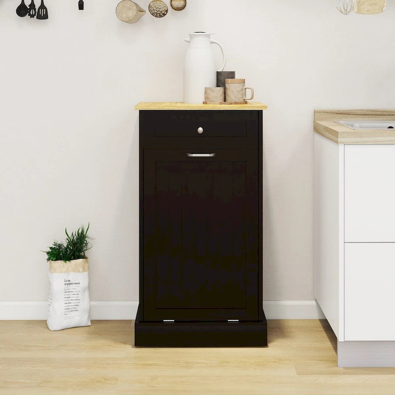 Meuble poubelle de cuisine inclinable à un tiroir et un compartiment - Noir