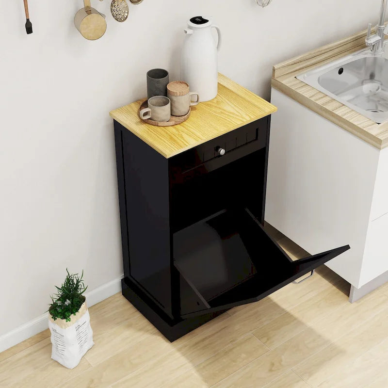Meuble poubelle de cuisine inclinable à un tiroir et un compartiment - Noir