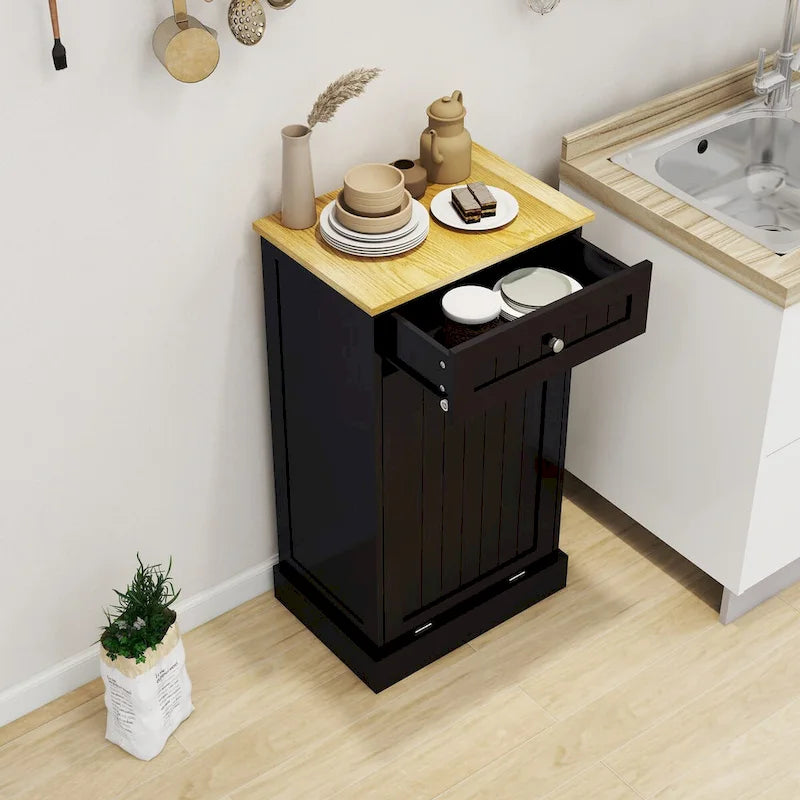 Meuble poubelle de cuisine inclinable à un tiroir et un compartiment - Noir