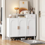 Meuble à chaussures avec portes arquées et tiroir, buffet de rangement style crème avec étagères réglables et pieds en bois massif