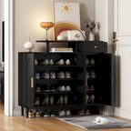 Meuble à chaussures avec portes arquées et tiroir, buffet de rangement style crème avec étagères réglables et pieds en bois massif