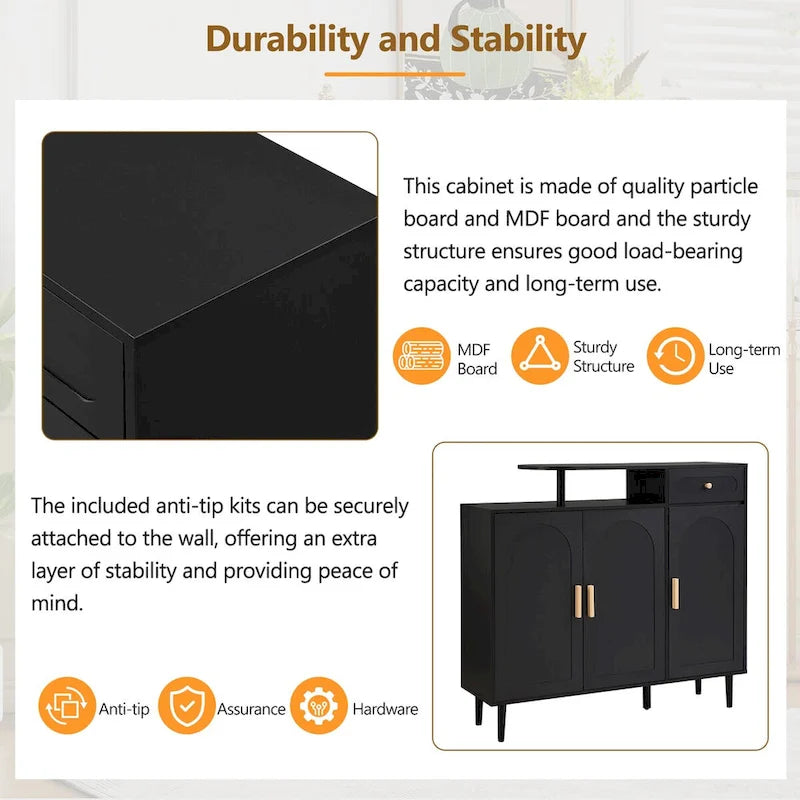 Meuble à chaussures avec portes arquées et tiroir, buffet de rangement style crème avec étagères réglables et pieds en bois massif
