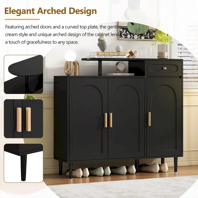Meuble à chaussures avec portes arquées et tiroir, buffet de rangement style crème avec étagères réglables et pieds en bois massif