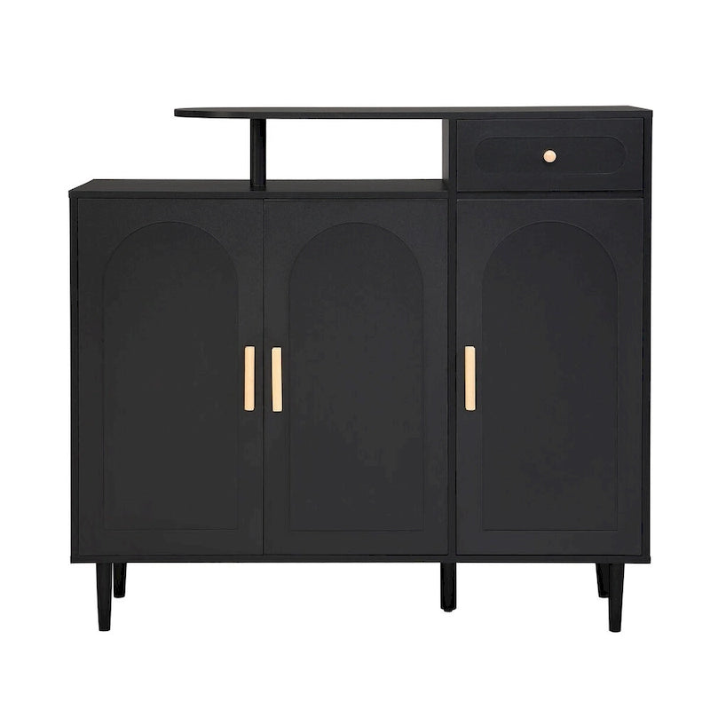 Meuble à chaussures avec portes arquées et tiroir, buffet de rangement style crème avec étagères réglables et pieds en bois massif