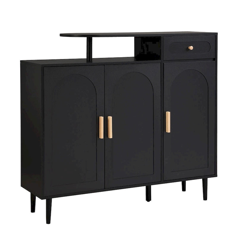 Meuble à chaussures avec portes arquées et tiroir, buffet de rangement style crème avec étagères réglables et pieds en bois massif