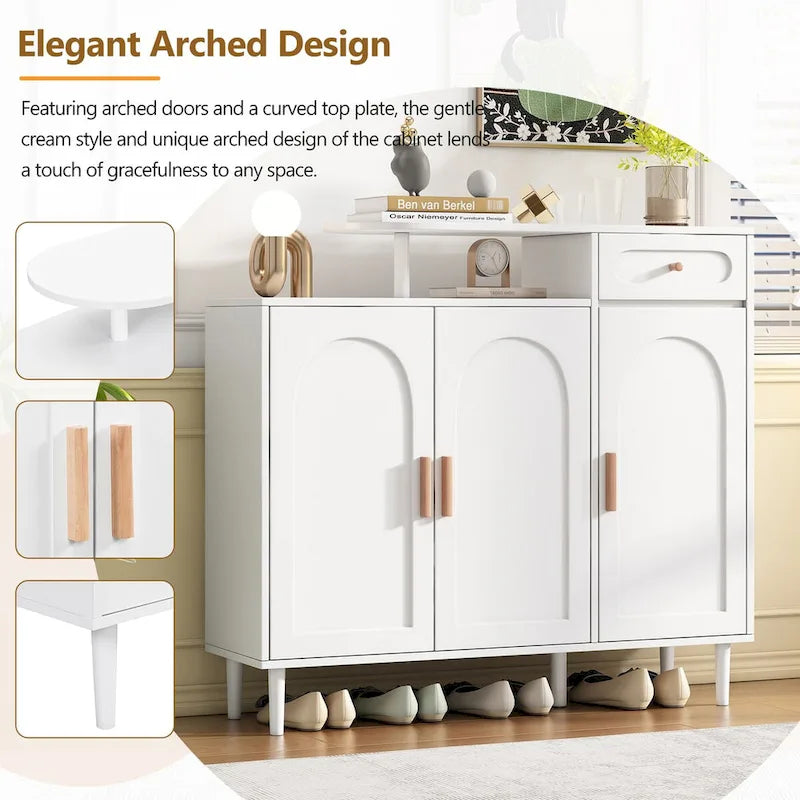 Meuble à chaussures avec portes arquées et tiroir, buffet de rangement style crème avec étagères réglables et pieds en bois massif
