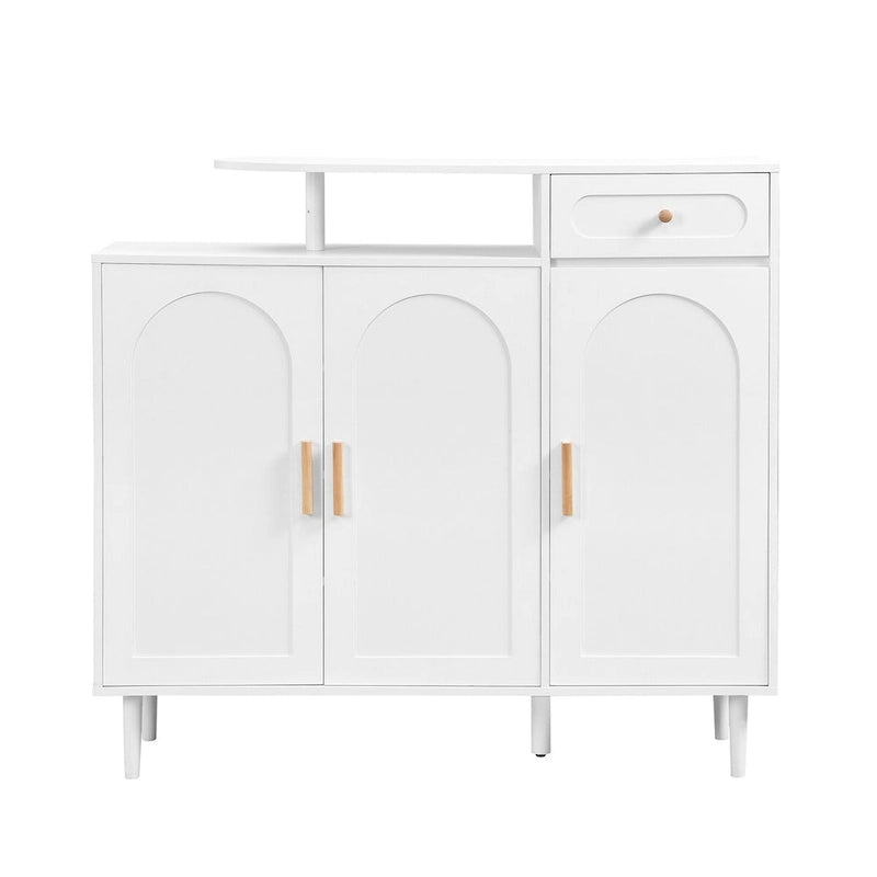 Meuble à chaussures avec portes arquées et tiroir, buffet de rangement style crème avec étagères réglables et pieds en bois massif