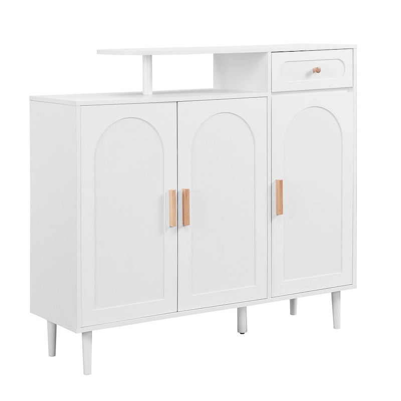 Meuble à chaussures avec portes arquées et tiroir, buffet de rangement style crème avec étagères réglables et pieds en bois massif