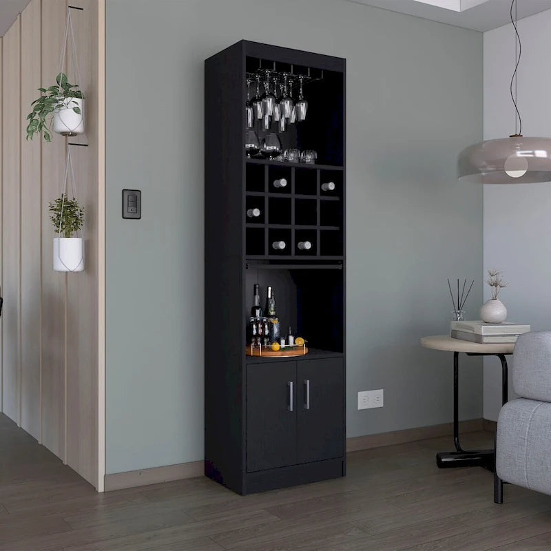 71" Meuble de Bar Haut 5 Niveaux, Meuble de Bar Moderne avec Porte-Verres, Casier à Verres à Pied, Meuble à Vins, 12 Casiers à Bouteilles, 5 Étagères